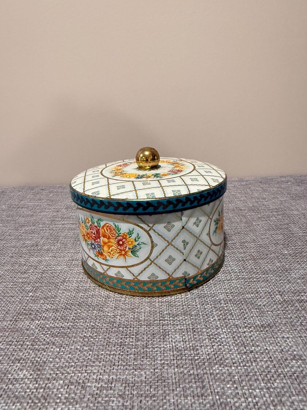 Vintage Floral Tin Canister, Teal Gold Rose Storage, Cottage(Made in England)